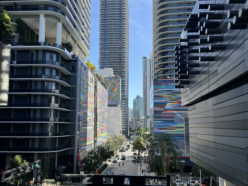 Brickell Avenue in Miami between the towers and the painted facades