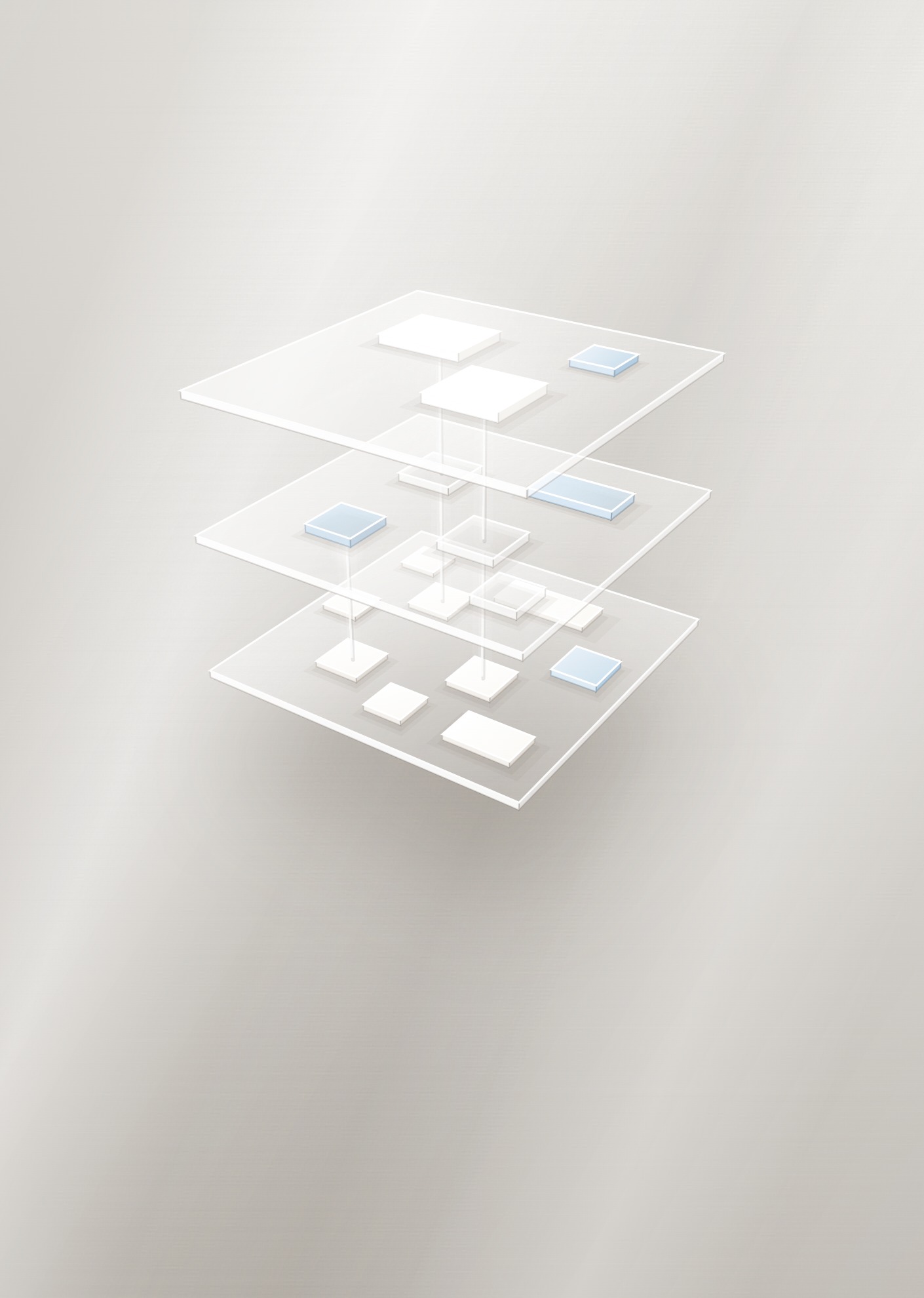 Three floating planes of frosted glass holding small white and light blue modules, connected by columns of light.