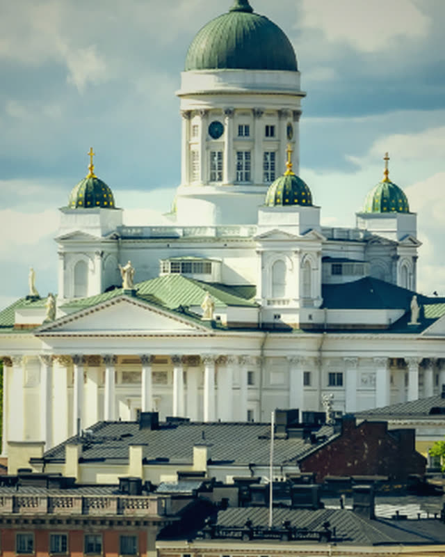 Helsinki Cathedral above the rooftops of the city center.