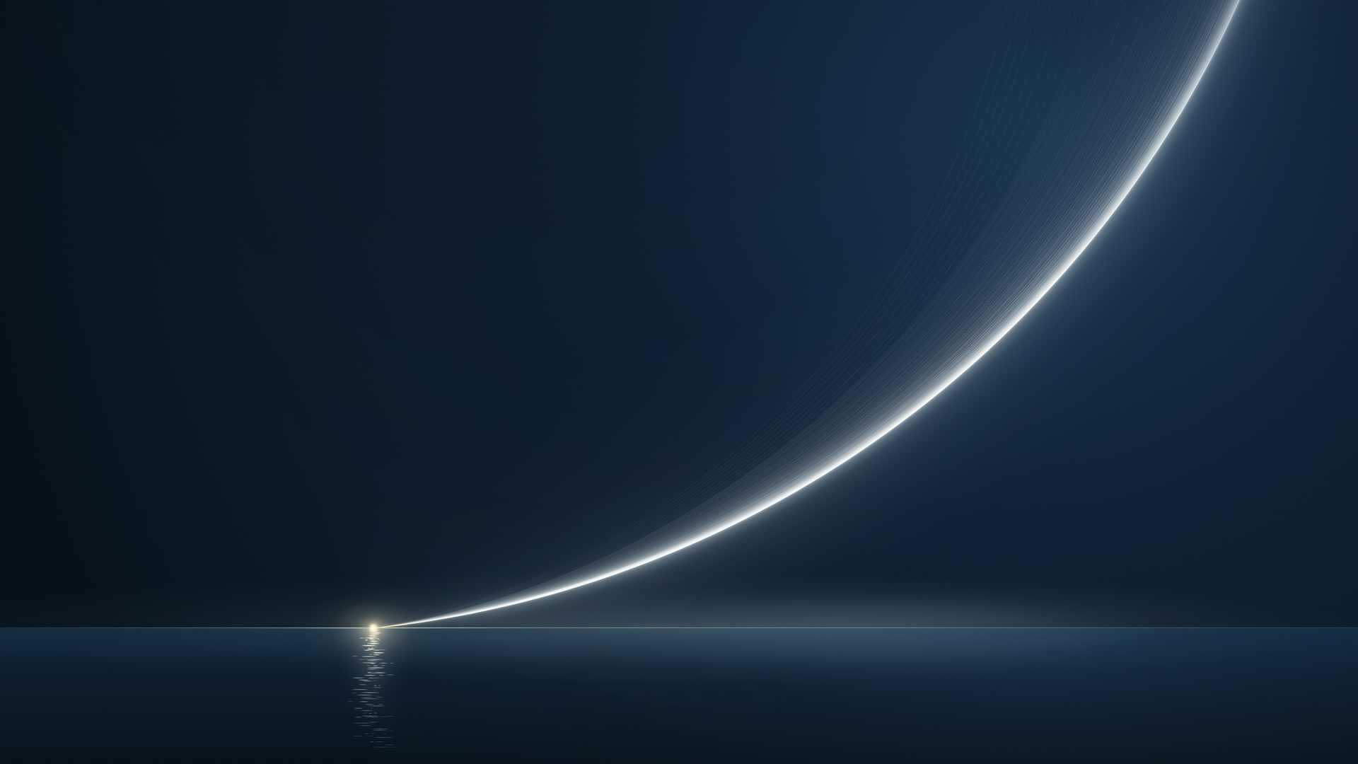 The lit edge of a globe rising from a gold point on the horizon, its light reflected on the water.