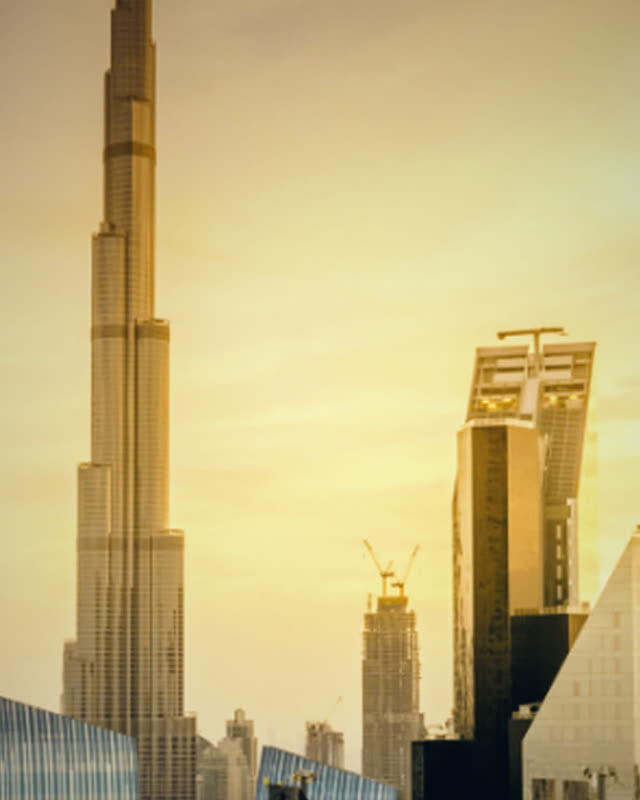 The Burj Khalifa and the Dubai skyline in golden light.