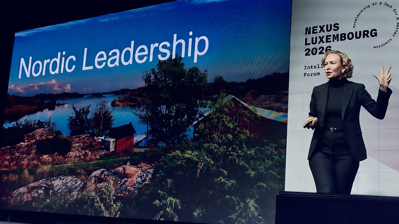 Tarja Stephens on stage at Nexus Luxembourg 2026, presenting Nordic Leadership.